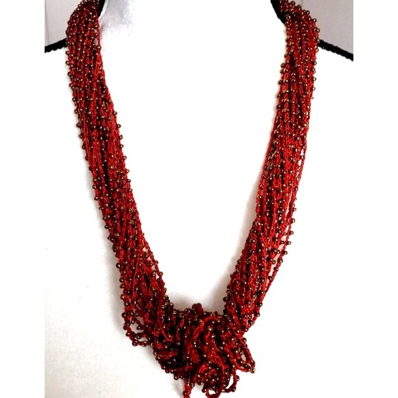 Multi Strand Crocheted Bead Necklace Boho Twisted Gold tone Metal Red 24" - Picture 1 of 5